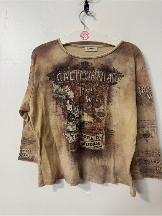 Cactus Tops - Cactus Brown and Tan California Graphic Long Sleeve Shirt Y2K